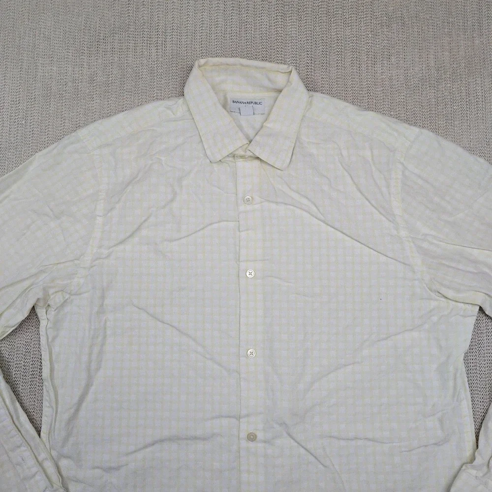 Banana Republic Shirt Mens Large 16 White Yellow Check Button Up Down Dress